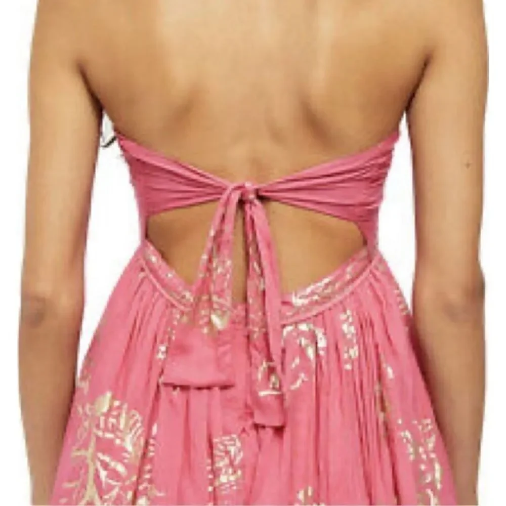 Free People Sleeveless Maxi Dress Pink with Gold Metallic Floral Tie Back XS